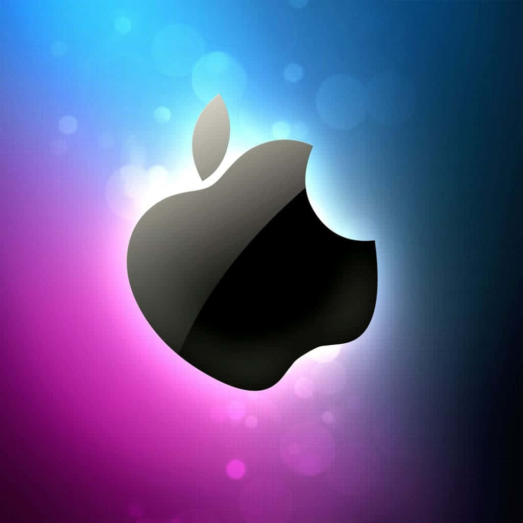 iPad Mini 6 桌布 壁紙 — 一個時尚的黑色Apple標誌在藍色和紫色的鮮豔漸變背景上發光，帶有柔和的散景燈光。