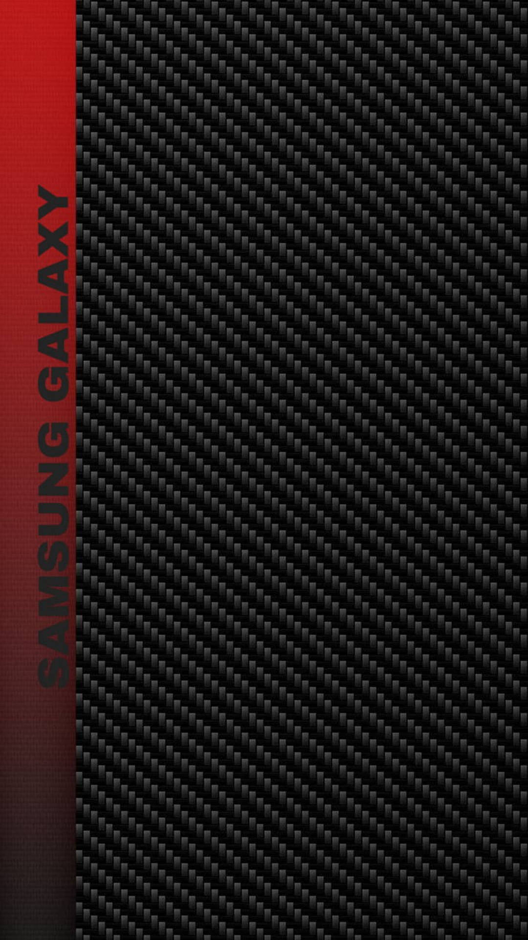 黑色碳纖維背景上的紅色條紋上的Samsung Galaxy標誌。