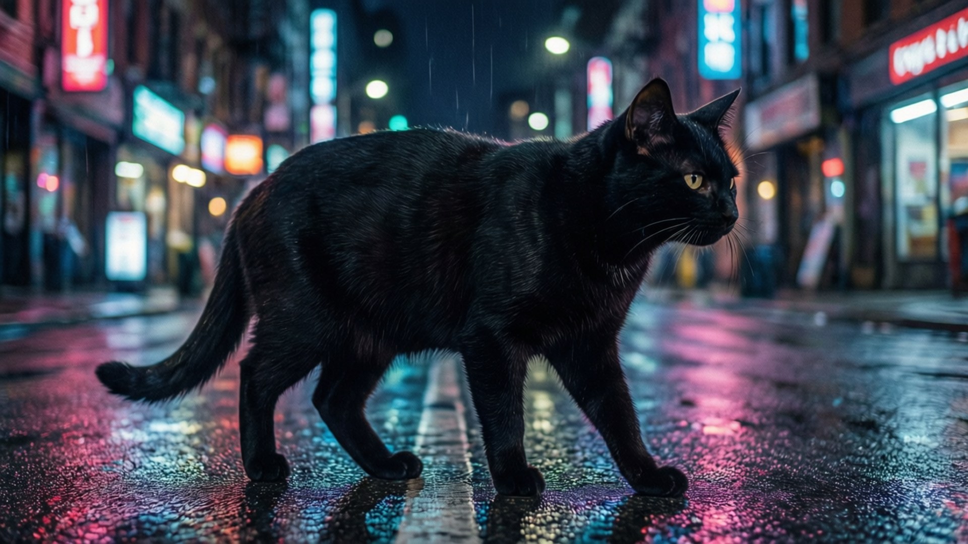 霓虹貓之夜 壁紙 — 一隻時尚的黑貓自信地走過雨濕的霓虹燈夜街。
