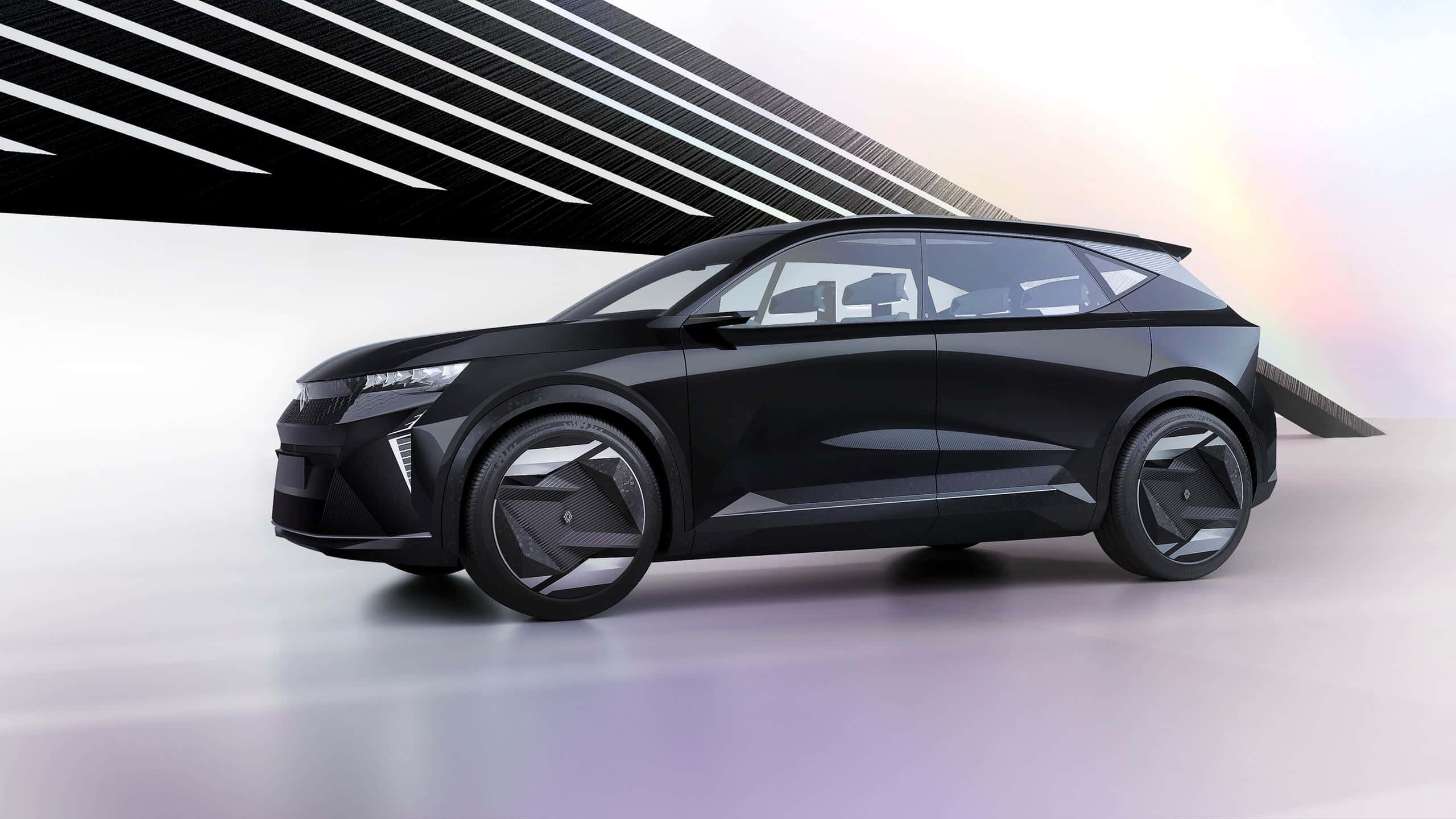 Renault Scenic 桌布 壁紙 — 時尚黑色未來感SUV，採用棱角設計，在幾何黑色天花和彩虹燈光下帶有發光點綴。