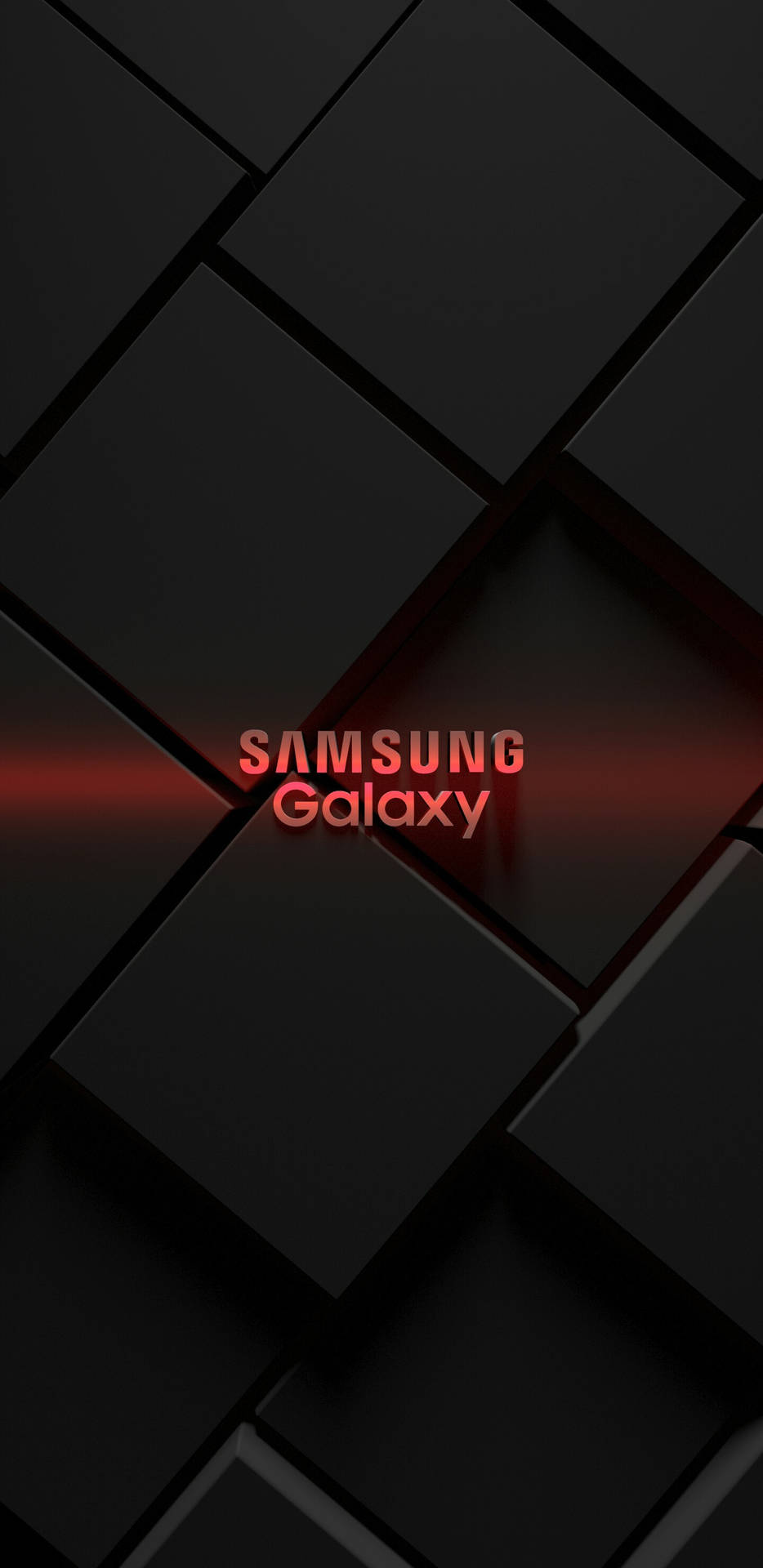 黑色幾何瓷磚，帶有發光的紅色Samsung Galaxy標誌。