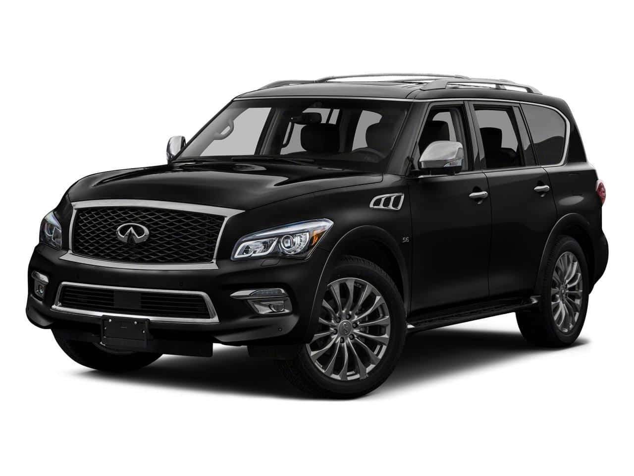 Infiniti Qx80 桌布 壁紙 — 一輛時尚的黑色Infiniti QX80 SUV，帶有鍍鉻飾邊和合金輪圈，在白色背景的影樓燈光下展示。