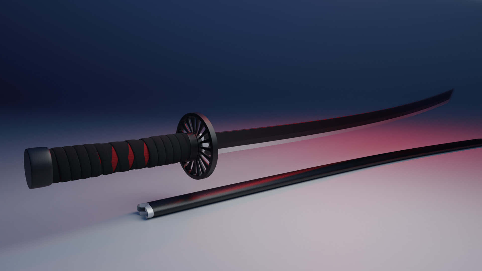 Nichirin Blades 桌布 壁紙 — 一把帶有紅色點綴的時尚黑色武士刀，斜靠在藍粉漸變背景上。