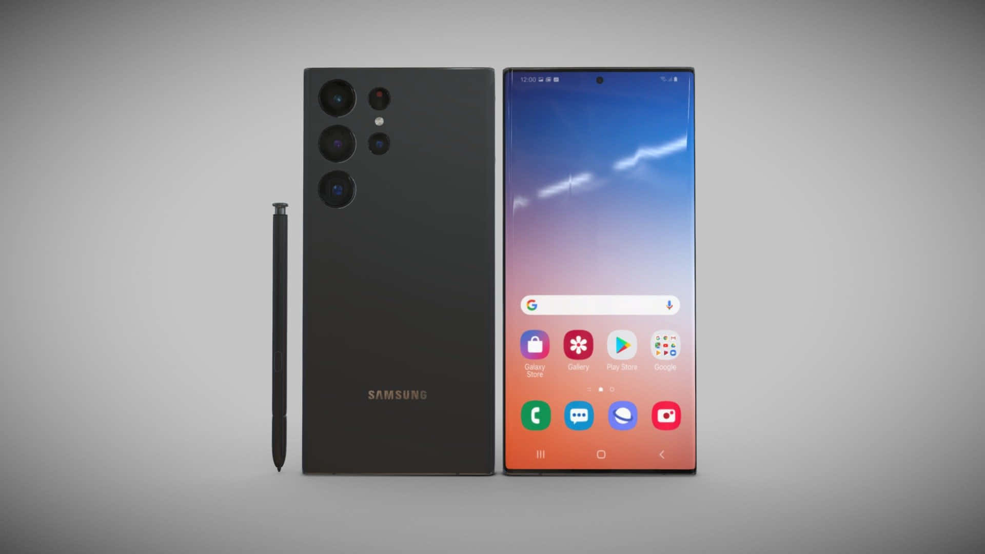 Samsung S23 Ultra 桌布 壁紙 — 一部時尚的黑色Samsung智能手機，配備大型曲面屏幕及三鏡頭相機，與其匹配的觸控筆一同展示在灰色背景上。