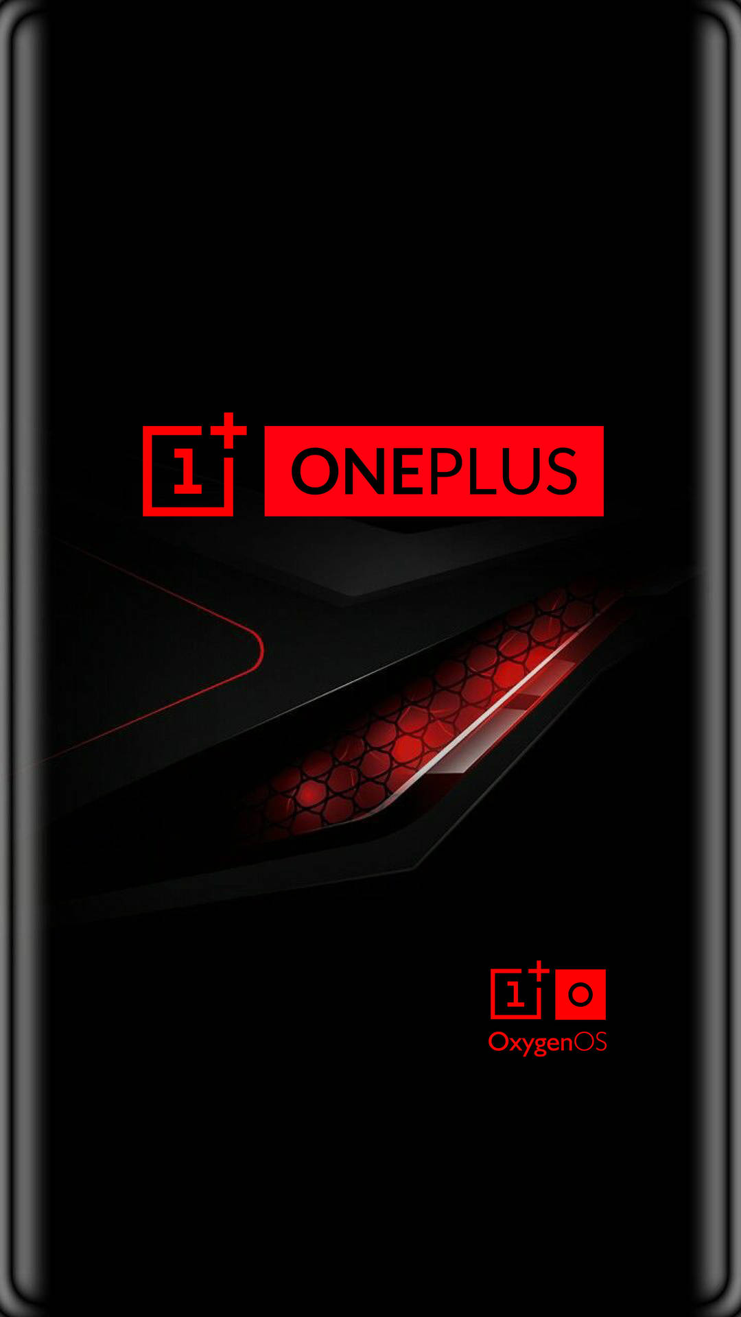 黑色智能手機，帶有紅色 OnePlus 和 OxygenOS 標誌以及發光的六邊形光圖案。