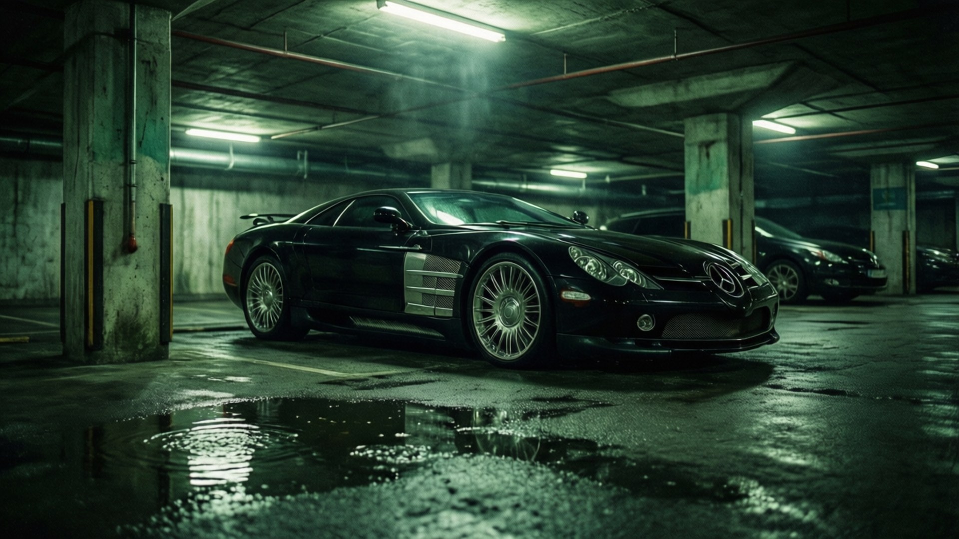 Maybach Exelero 桌布 壁紙 — 一輛時尚的黑色跑車在潮濕的地下停車場中，在螢光燈下閃閃發光，水坑反射著場景。