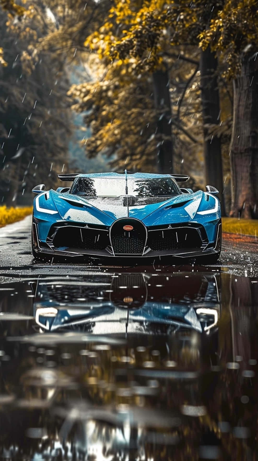  壁紙 — 一輛時尚的藍色 Bugatti 超級跑車在濕潤的森林道路上，在金黃秋樹下閃爍著雨滴的光芒。