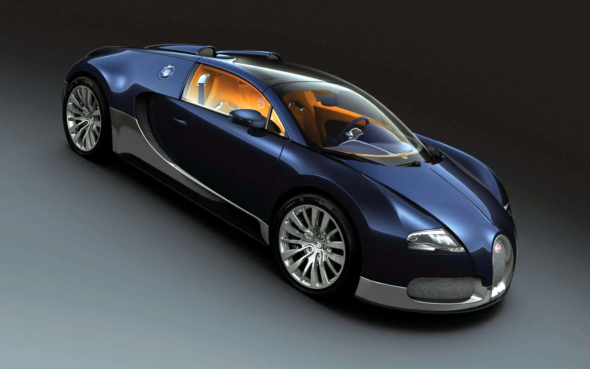 Bugatti Veyron 桌布 壁紙 — 一輛時尚的藍色Bugatti Veyron跑車，配橙色內飾，在攝影棚燈光下閃耀。