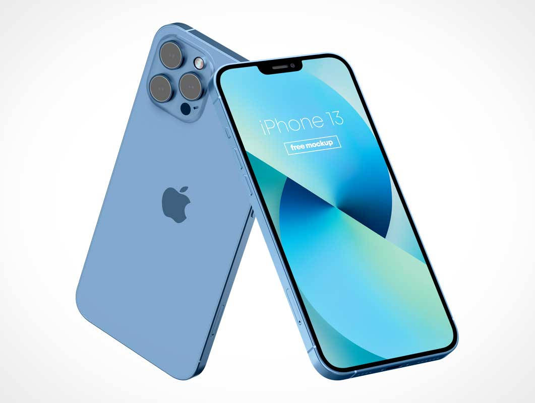 藍色iPhone 13模型在白色背景上展示正面和背面。