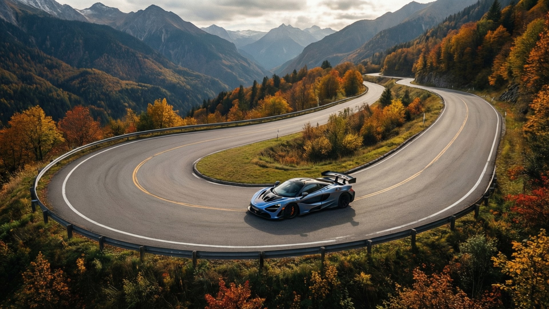 Mclaren 620r 桌布 壁紙 — 一架時尚的藍色跑車在蜿蜒的山路上行駛，周圍是充滿活力的秋葉，天空多雲。