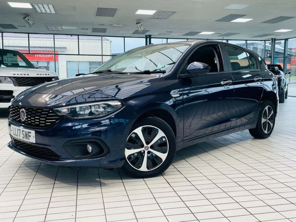 Fiat Tipo 桌布 壁紙 — 一架時尚深藍色Fiat Punto掀背車在陳列室燈光下閃閃發光，地板鋪設瓷磚，背景可見其他車輛。