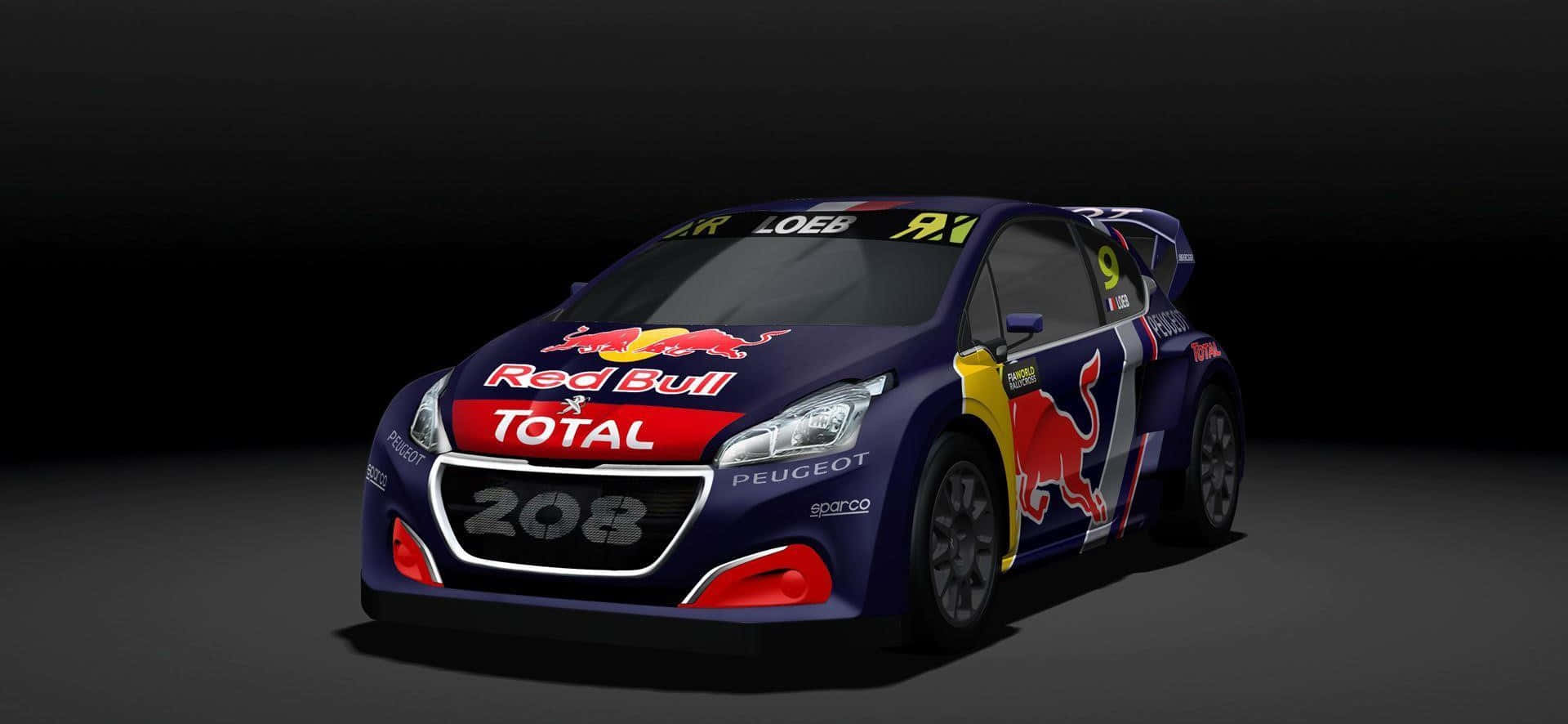 Peugeot 208 桌布 壁紙 — 一輛時尚的深藍色標緻208拉力賽車，帶有紅牛和道達爾品牌標誌，在黑色背景的攝影棚中展示。