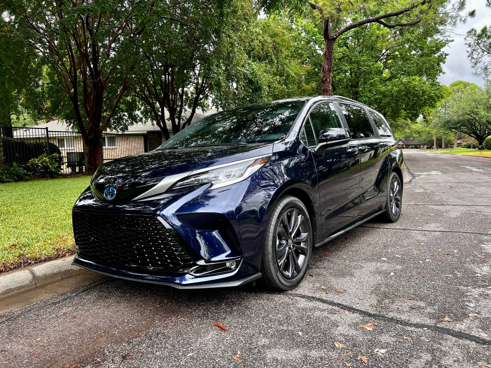  壁紙 — 一輛時尚的深藍色豐田Sienna小型貨車停在潮濕的住宅街道上，周圍綠樹成蔭。