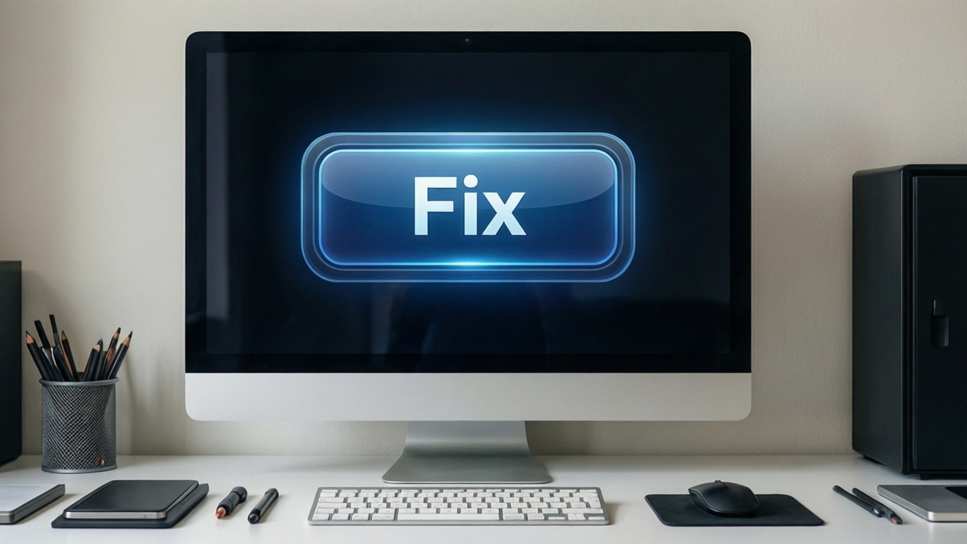 電腦顯示器在乾淨的桌子上顯示一個藍色發光的 fix 按鈕。