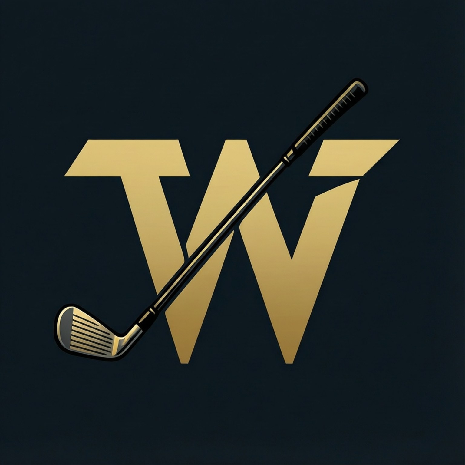 TW Logo Art 壁紙 — 一個時尚的金色高爾夫球桿穿過一個大膽的金色字母W，背景是深海軍藍。