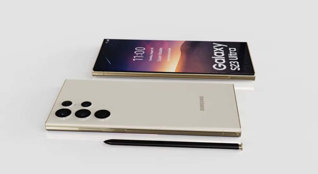 Samsung S23 Ultra 桌布 壁紙 — 一部時尚的金色Samsung Galaxy S23 Ultra智能手機連同S Pen放在白色表面上，展示其四鏡頭陣列和鮮豔顯示屏。