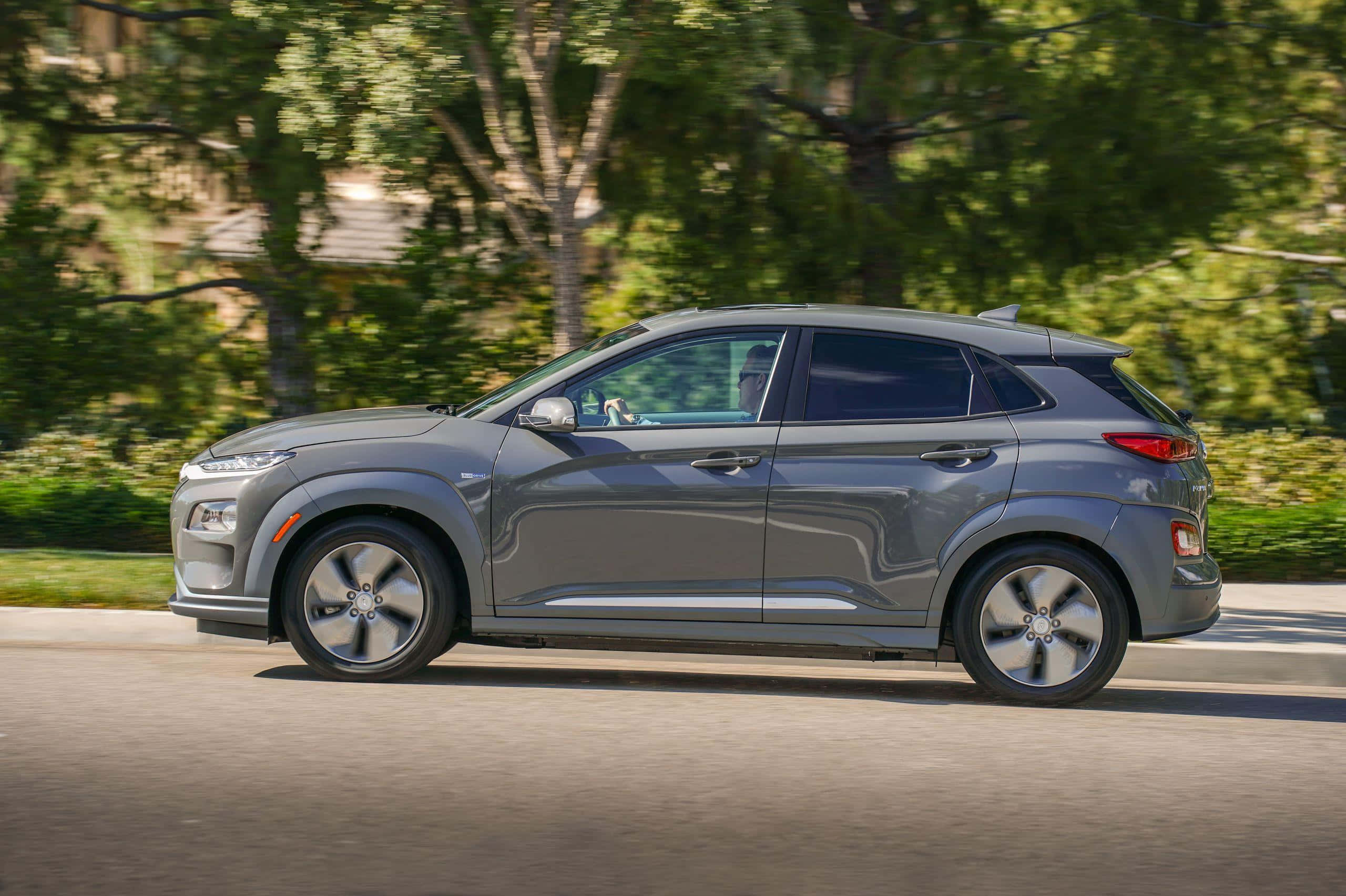 Hyundai Kona 桌布 壁紙 — 一架時尚的灰色現代Kona SUV在陽光明媚的郊區街道上行駛，街道兩旁綠樹成蔭。