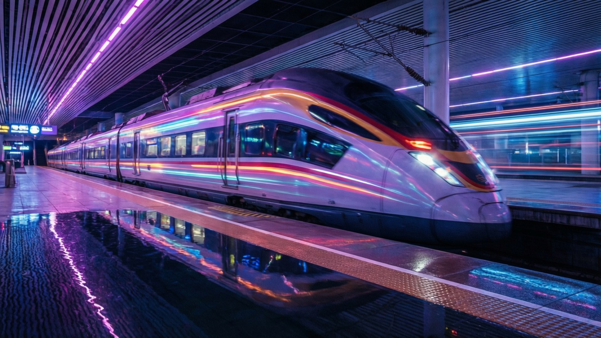 一列高速列車在霓虹燈車站，潮濕月台瓷磚上有反射。