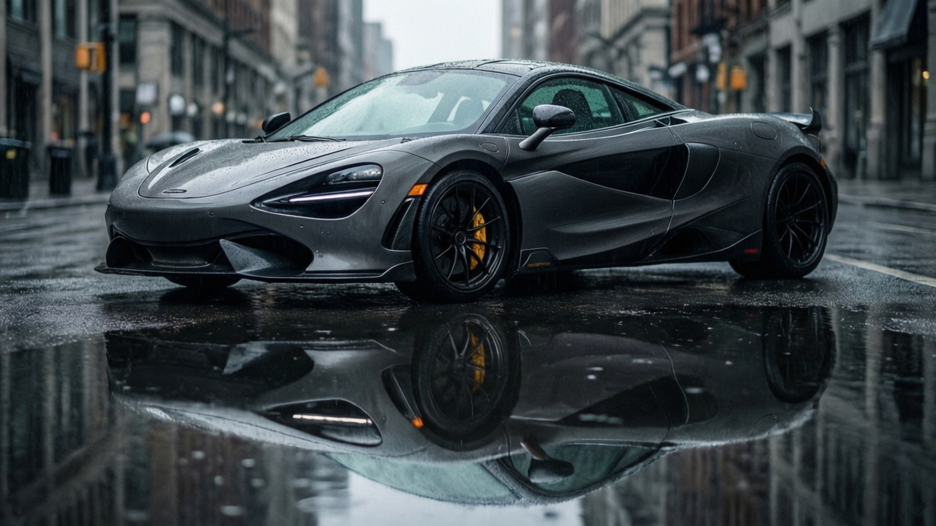 Mclaren 620r 桌布 壁紙 — 一輛時尚的啞光灰色McLaren跑車在潮濕的城市街道上閃閃發光，在陰天下的水坑中形成完美倒影。