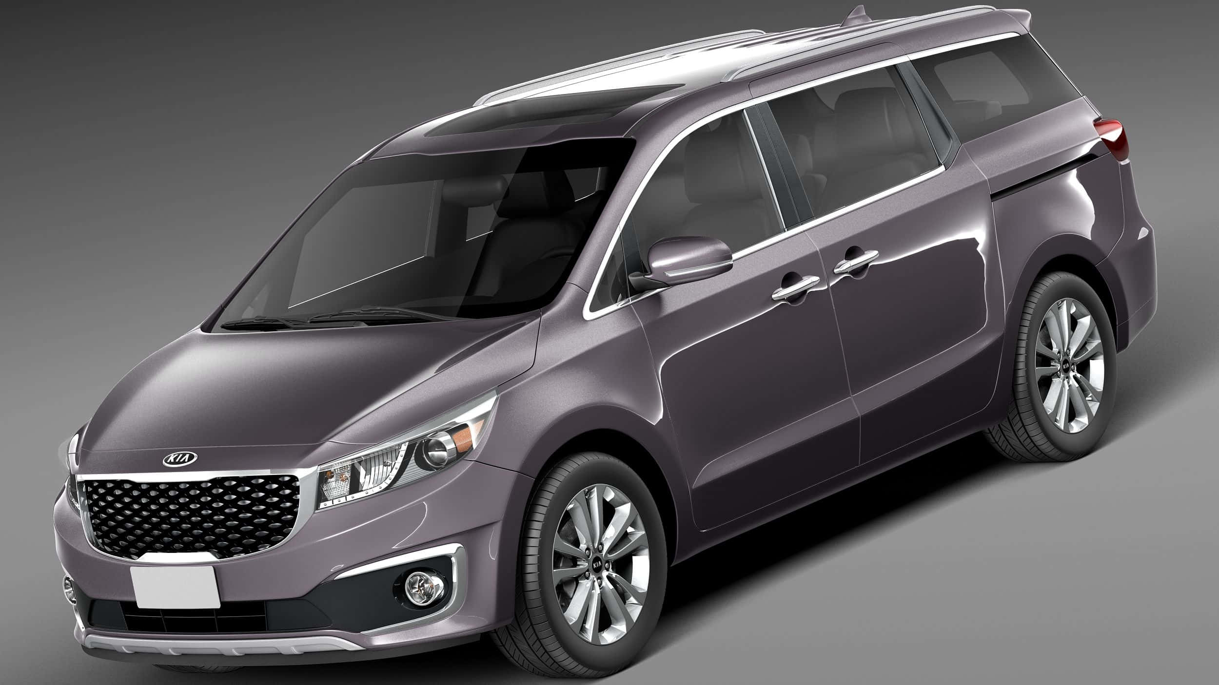 Kia Sedona 桌布 壁紙 — 在柔和燈光和灰色背景的攝影棚中展示的時尚金屬紫色Kia小型貨車。