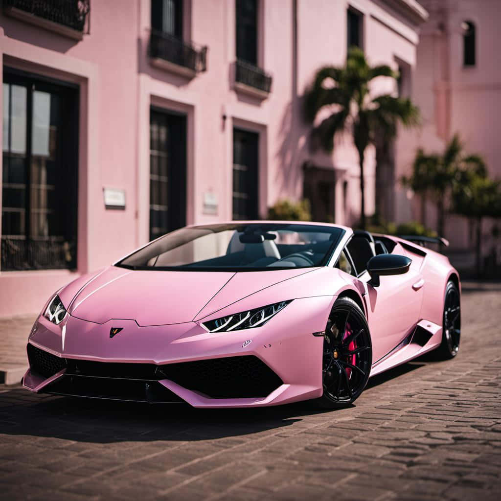  壁紙 — 一輛時尚的粉紅色林寶堅尼 Huracán Spyder 停泊在鵝卵石街道上，前方是粉彩色的建築物和棕櫚樹。
