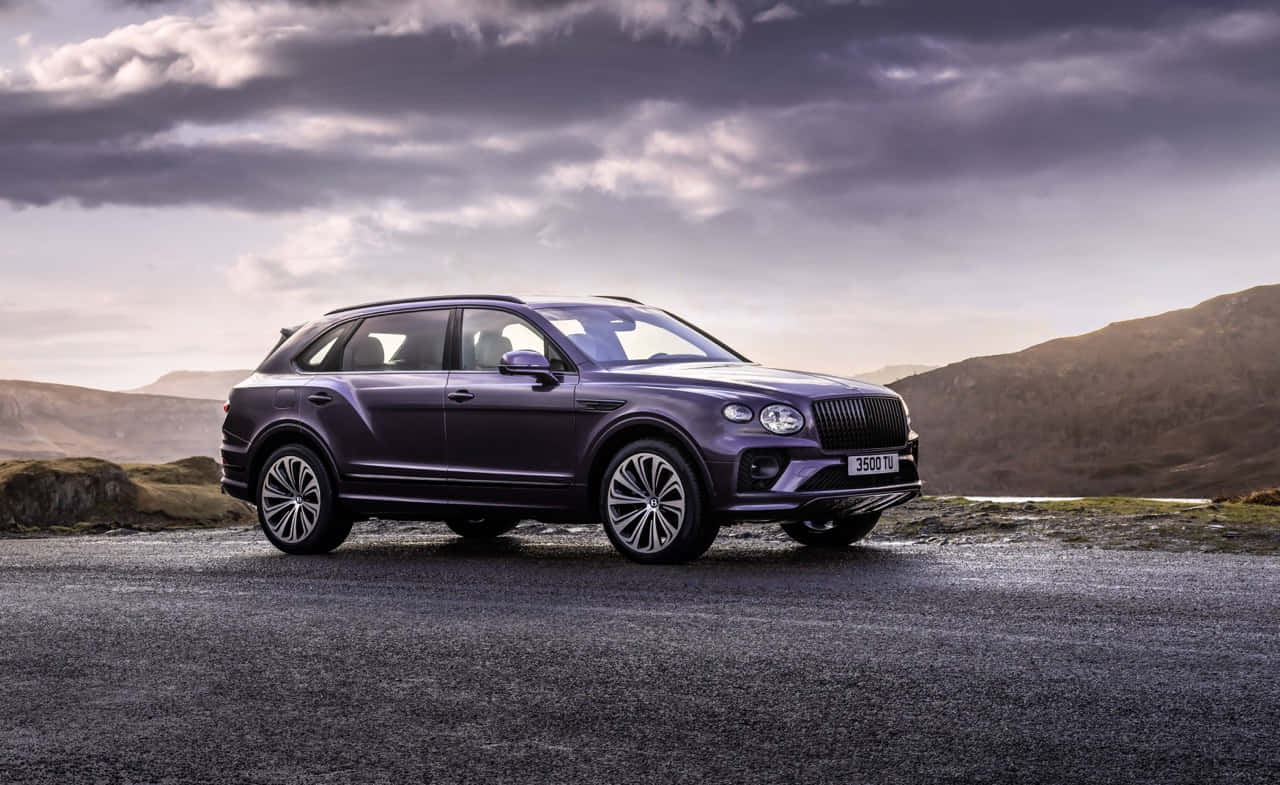 Bentley Bentayga 桌布 壁紙 — 一架時尚的紫色 Bentley Bentayga SUV 停泊在濕滑的道路上，背景是戲劇性的多雲天空和起伏的山丘。