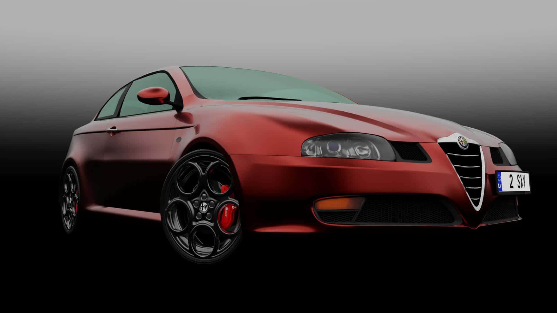 Alfa Romeo Gt 桌布 壁紙 — 一輛時尚的紅色Alfa Romeo跑車，配備黑色輪圈和紅色制動卡鉗，在漸變灰色背景上展示。
