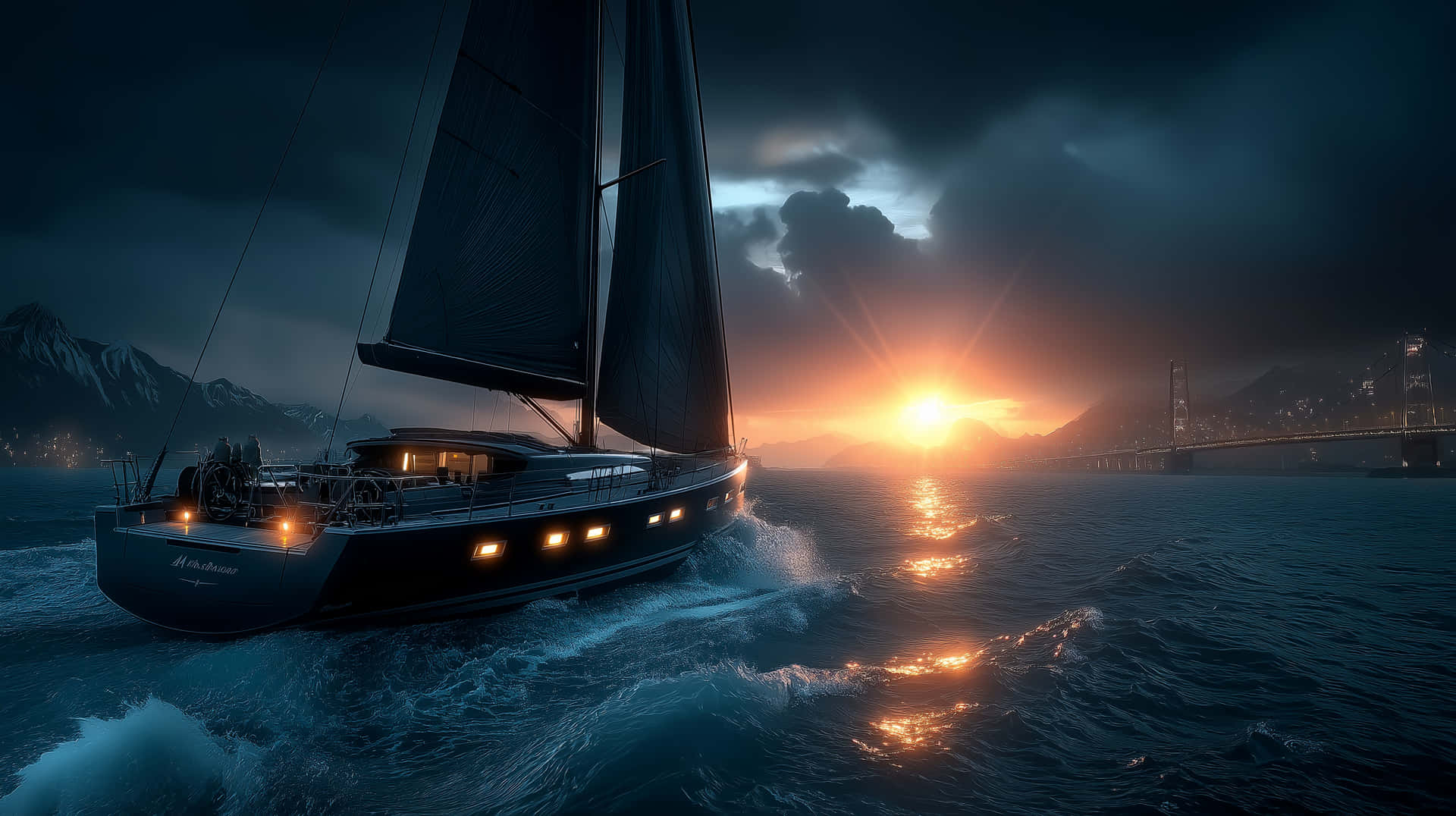 Sleek Sailboat Gliding into a Sunset-Bathed Bay Scene 壁紙 — 一艘時尚的黑色帆船劃過黑暗的水面，遠處的橋樑和雪山背後燃燒著夕陽的光芒。