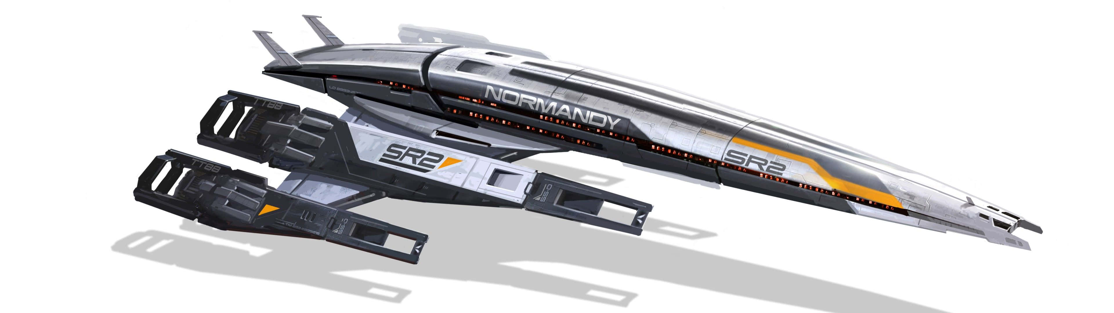 Normandy Sr-2 桌布 壁紙 — 一艘名為 Normandy SR2 的時尚銀黑太空船，帶有橙色點綴，在純白色背景上投下清晰的陰影。