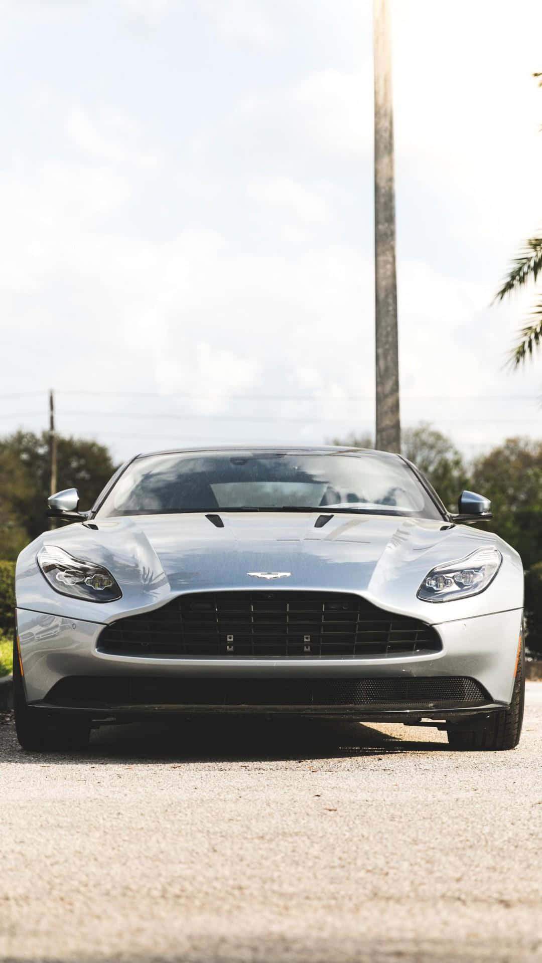 Aston Martin Db11 桌布 壁紙 — 一架時尚的銀色Aston Martin跑車停泊在碎石路上，天空晴朗，背景有棕櫚樹和電線桿。