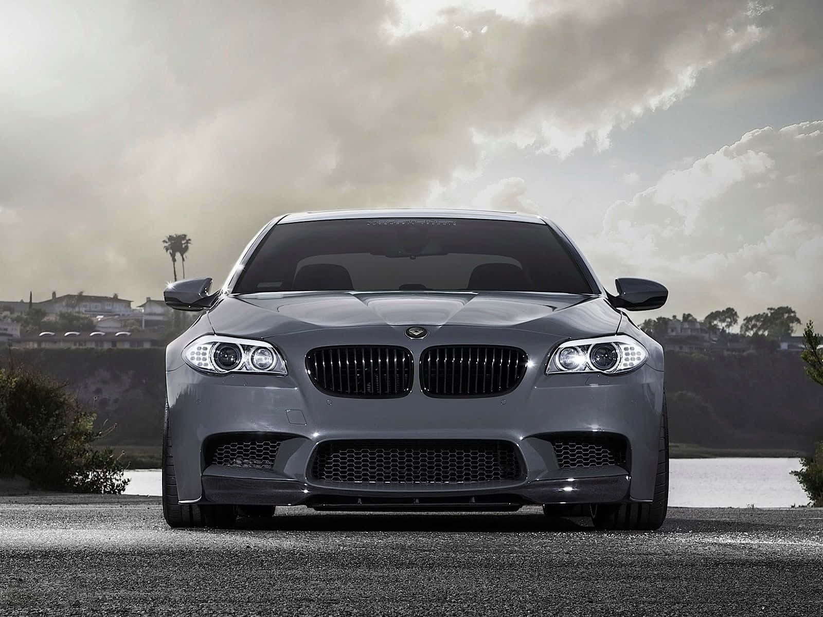 Bmw M5 桌布 壁紙 — 一架時尚的銀色BMW M5跑車在海岸公路上向前行駛，背景是陰天、棕櫚樹和水面。