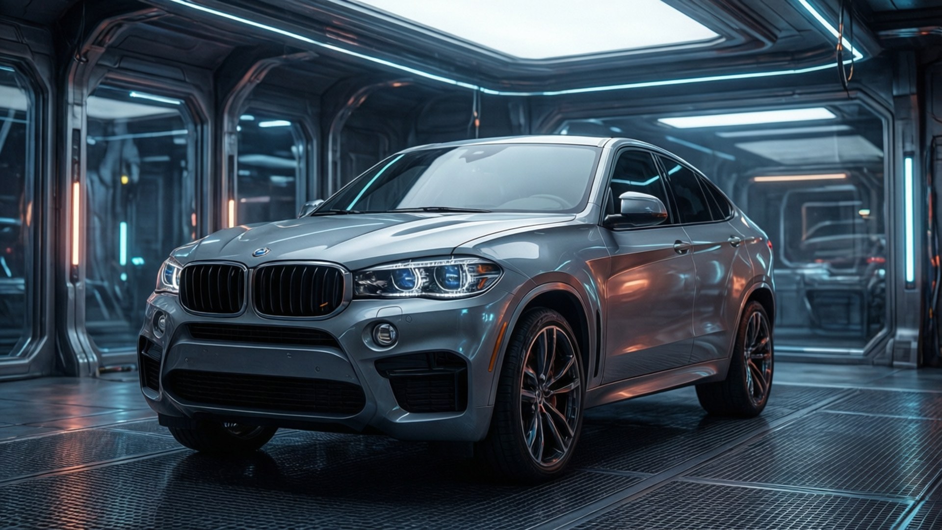 銀色BMW X6 SUV在一個高科技的未來主義機庫中，帶有發光的藍色燈光。