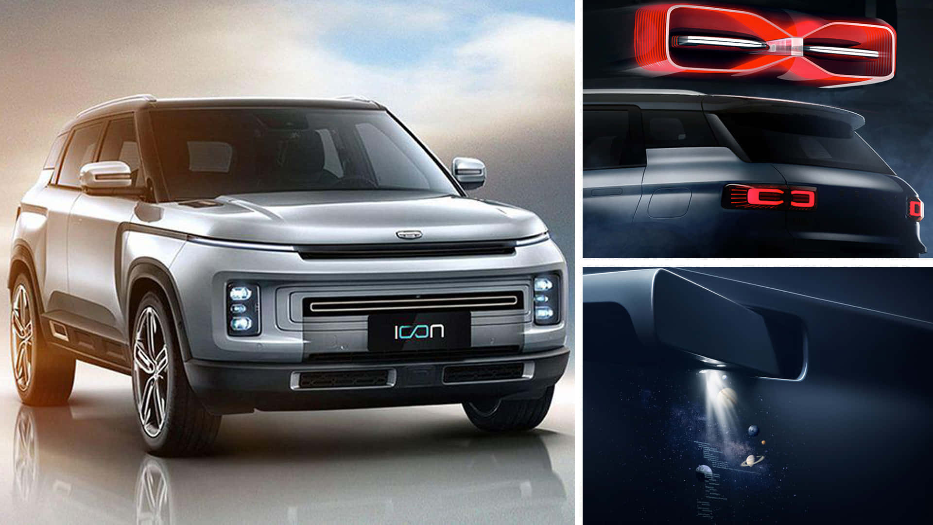 Geely Icon 桌布 壁紙 — 時尚銀色電動SUV，配備未來感紅色尾燈和發光門把手，在工作室燈光下展示。