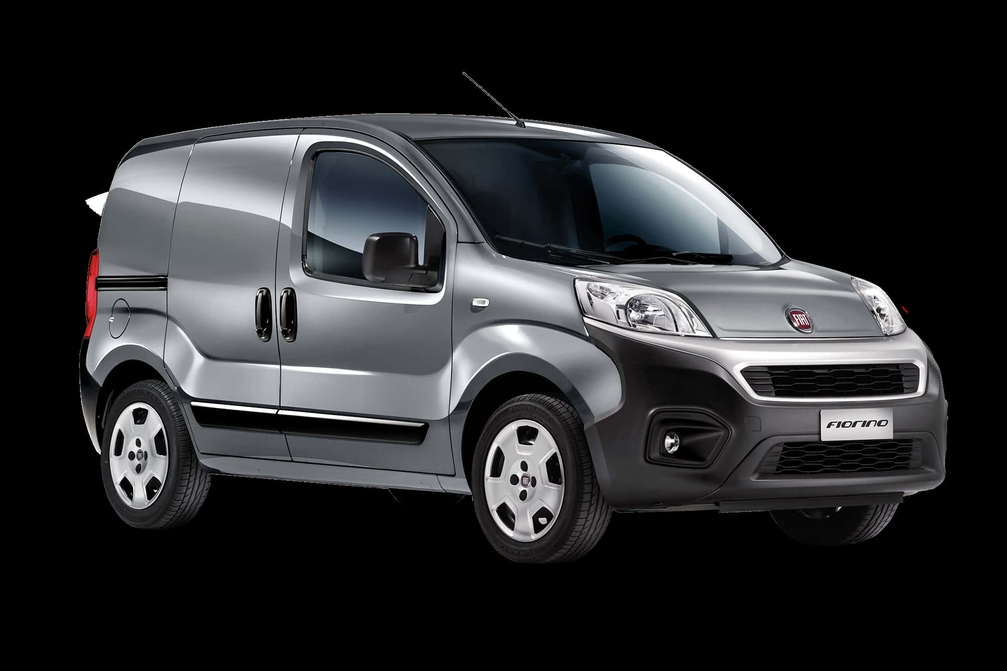 Fiat Fiorino 桌布 壁紙 — 一輛時尚的銀色 Fiat Fiorino 客貨車在純黑色背景下的攝影棚照片中展示。
