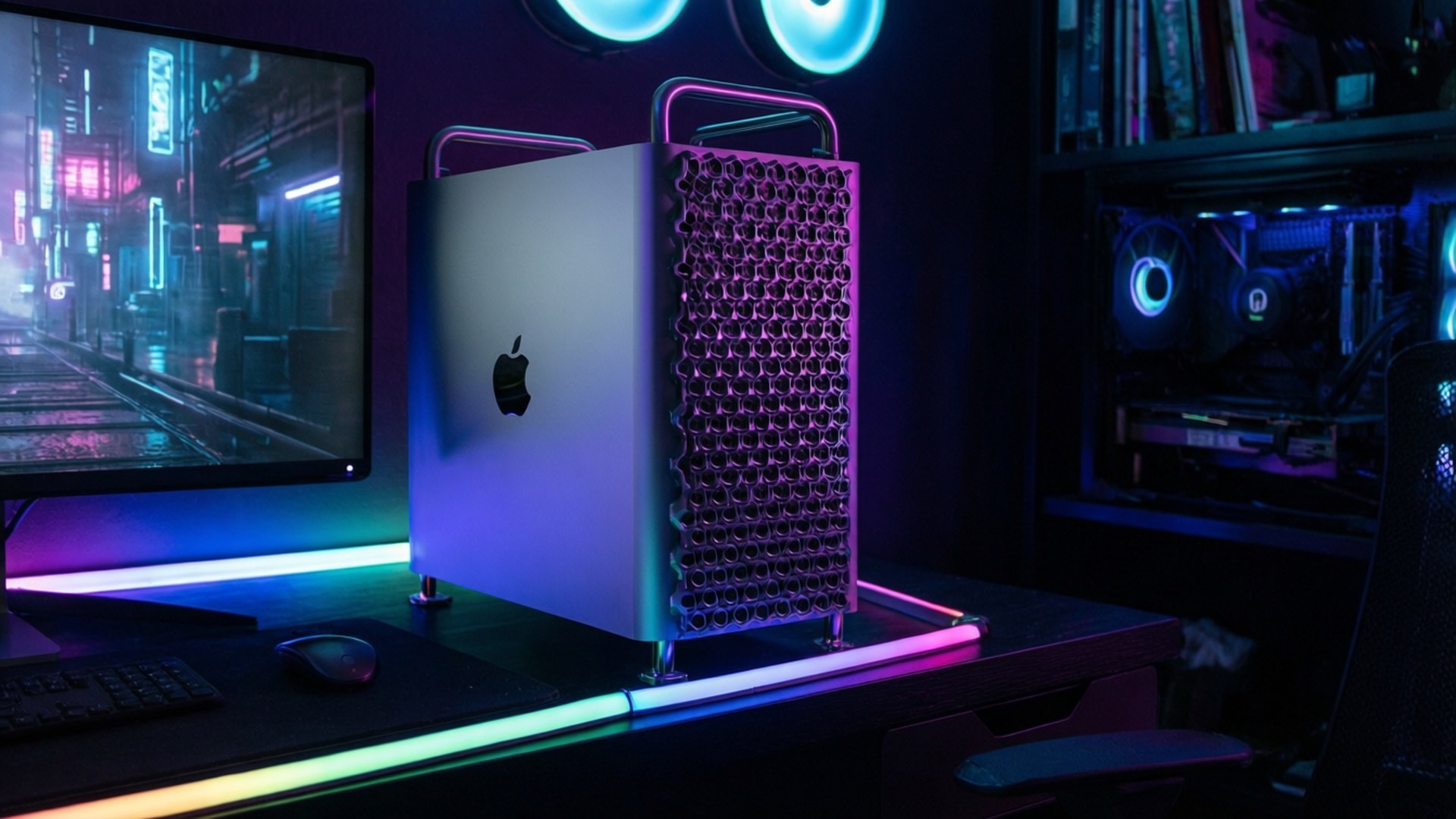Mac Studio 電腦在賽博龐克主題的遊戲設置中閃爍著霓虹燈光。
