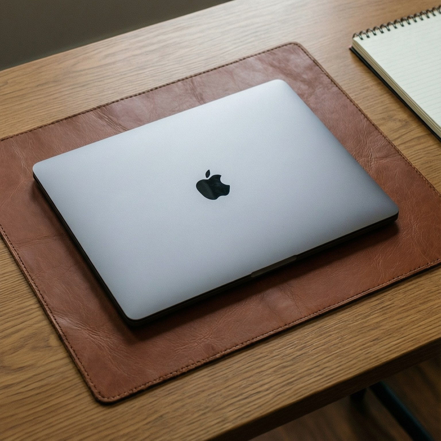 銀色MacBook在棕色皮革墊上，附近有筆記本。
