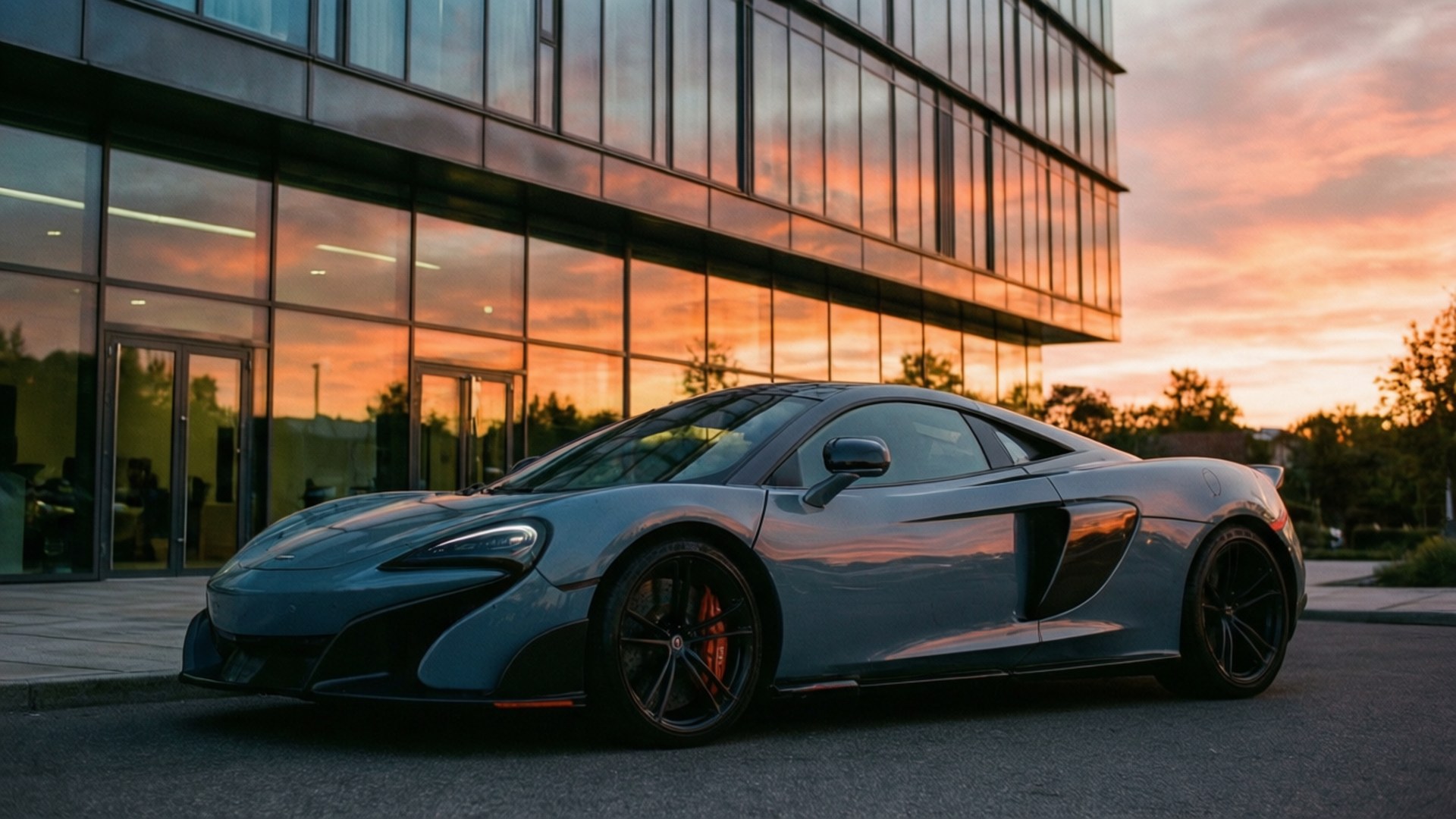 日落時，銀色McLaren跑車停泊在現代玻璃建築前。