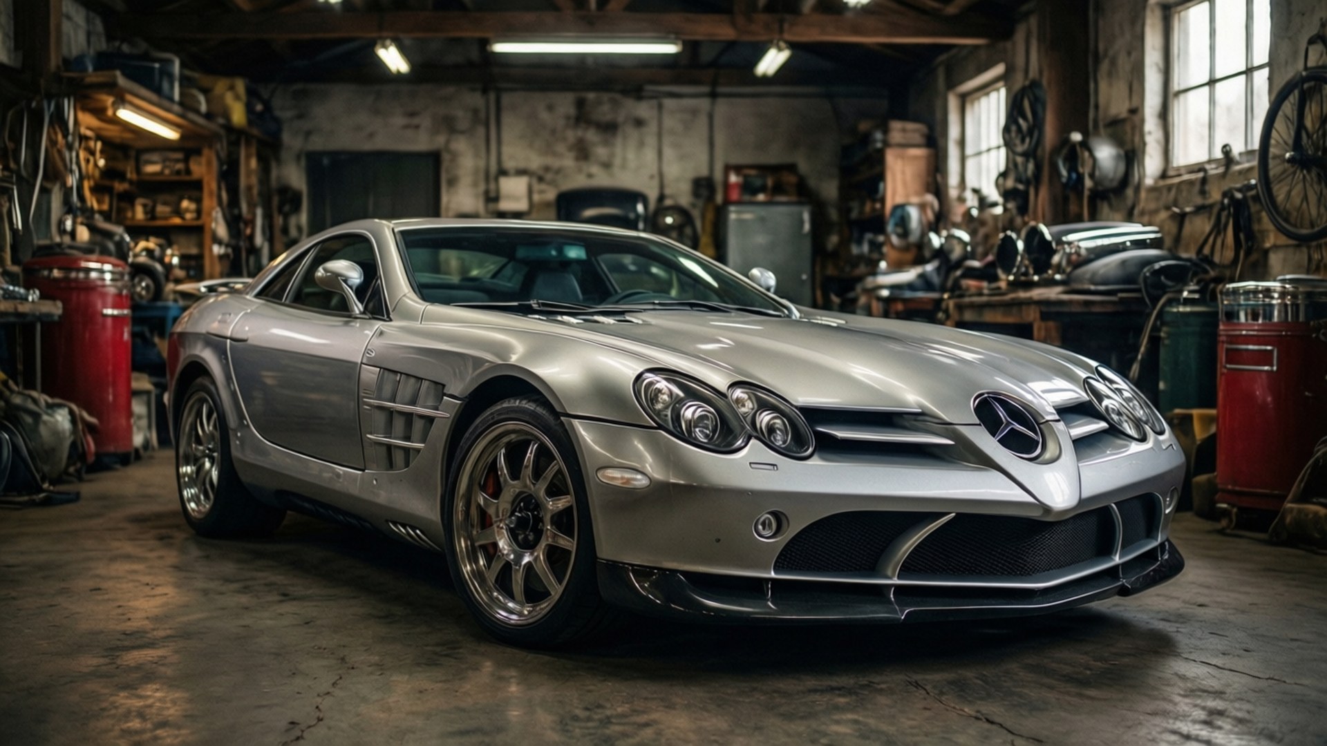 桌布 壁紙 — 一架時尚的銀色 Mercedes SLR McLaren 跑車在雜亂的復古車庫中，於工場燈光下閃閃發光。