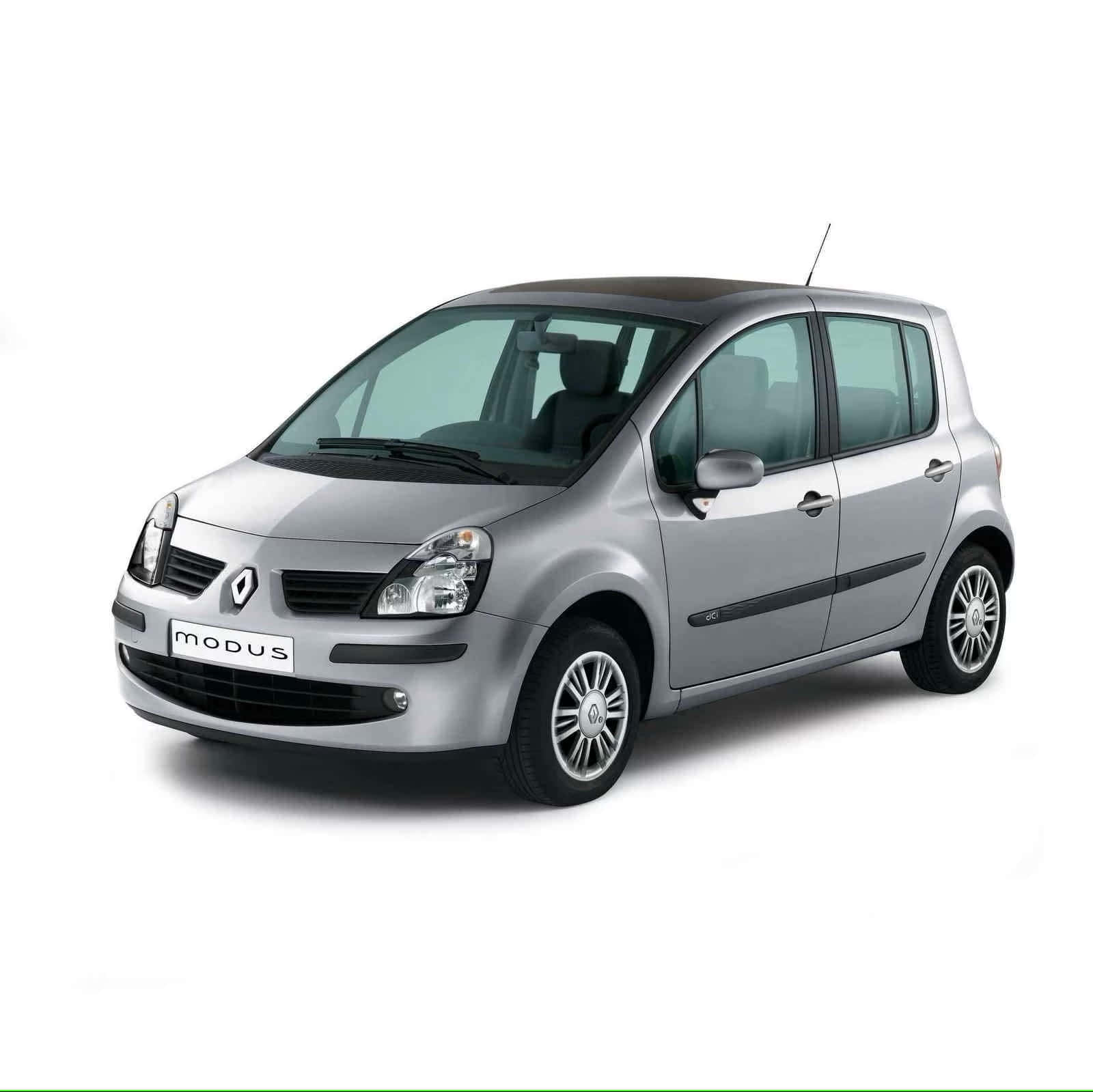 Renault Modus 桌布 壁紙 — 一輛時尚的銀色雷諾Modus緊湊型汽車，在工作室燈光下以純白色背景展示。