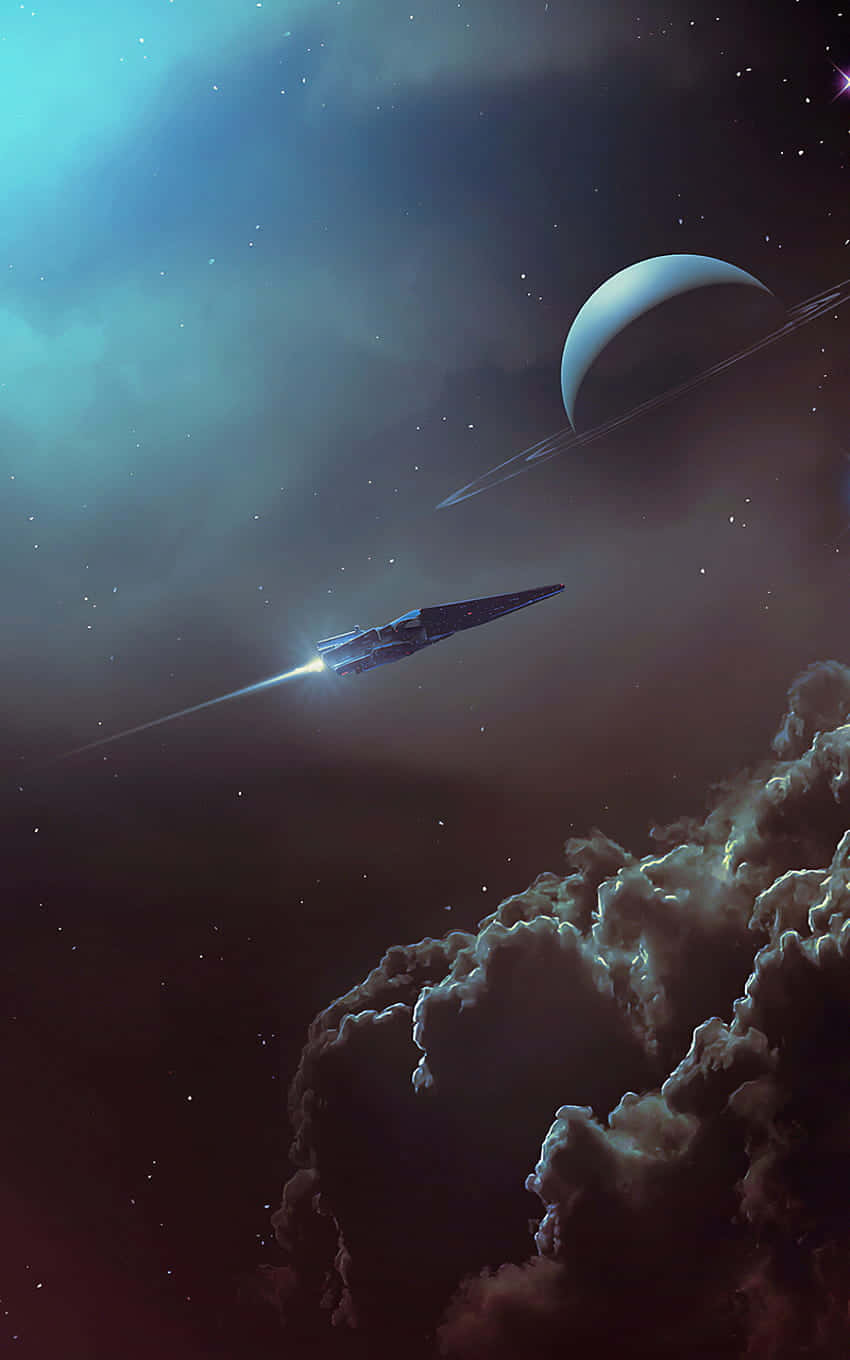 太空船在帶環行星附近穿過宇宙雲層飛行。