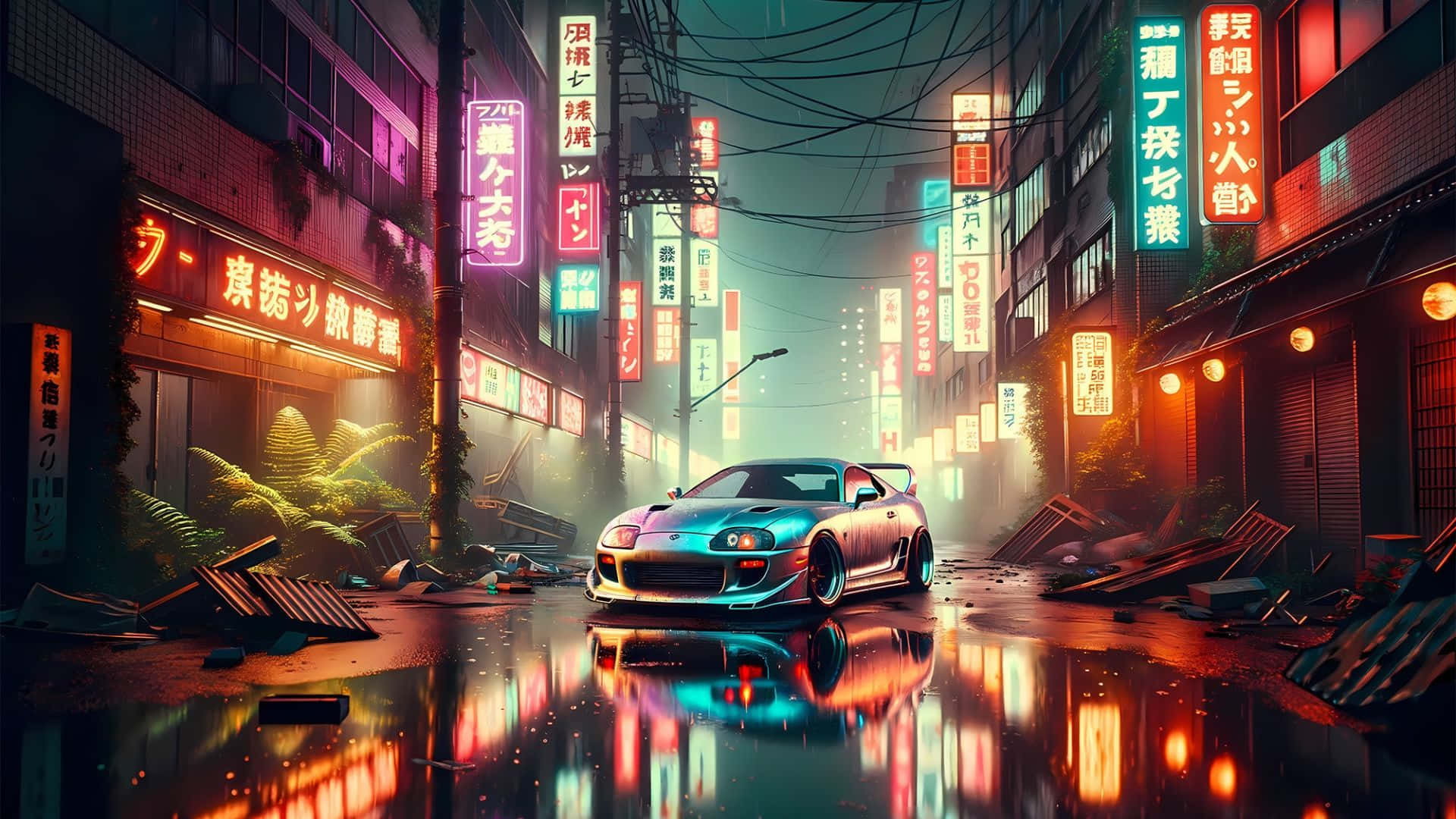  壁紙 — 一輛時尚跑車滑過霓虹燈閃爍、雨水浸濕的賽博朋克小巷，反射出鮮豔的招牌。