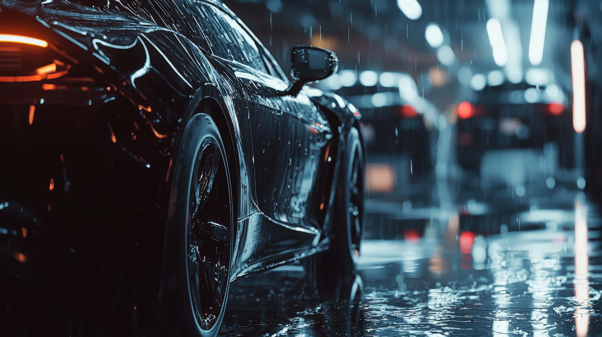 黑色跑車停在潮濕的城市街道上，雨中霓虹燈光在路面上反射