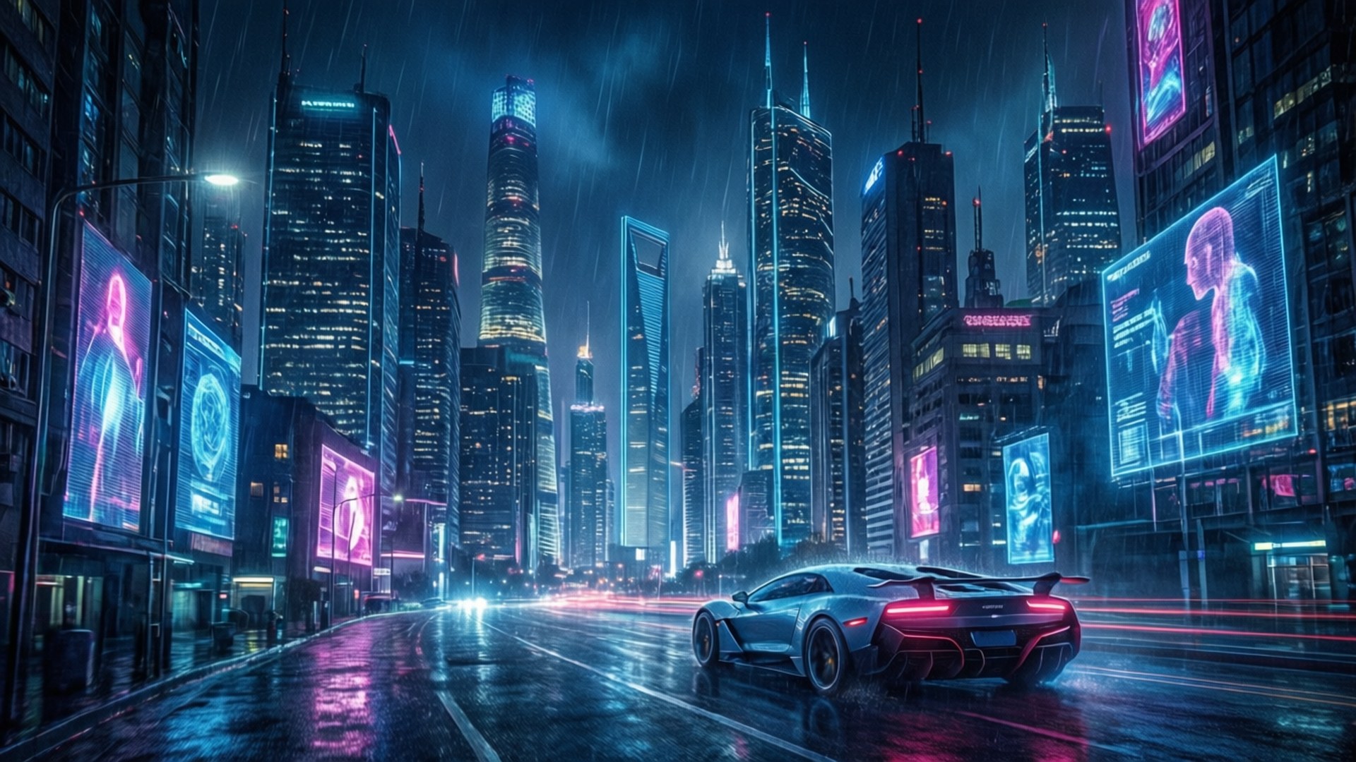 15360x8640 桌布 壁紙 — 一輛時尚跑車在夜晚疾馳穿過雨濕的霓虹燈光 cyberpunk 城市景觀，高聳的摩天大樓和發光全息廣告牌林立。