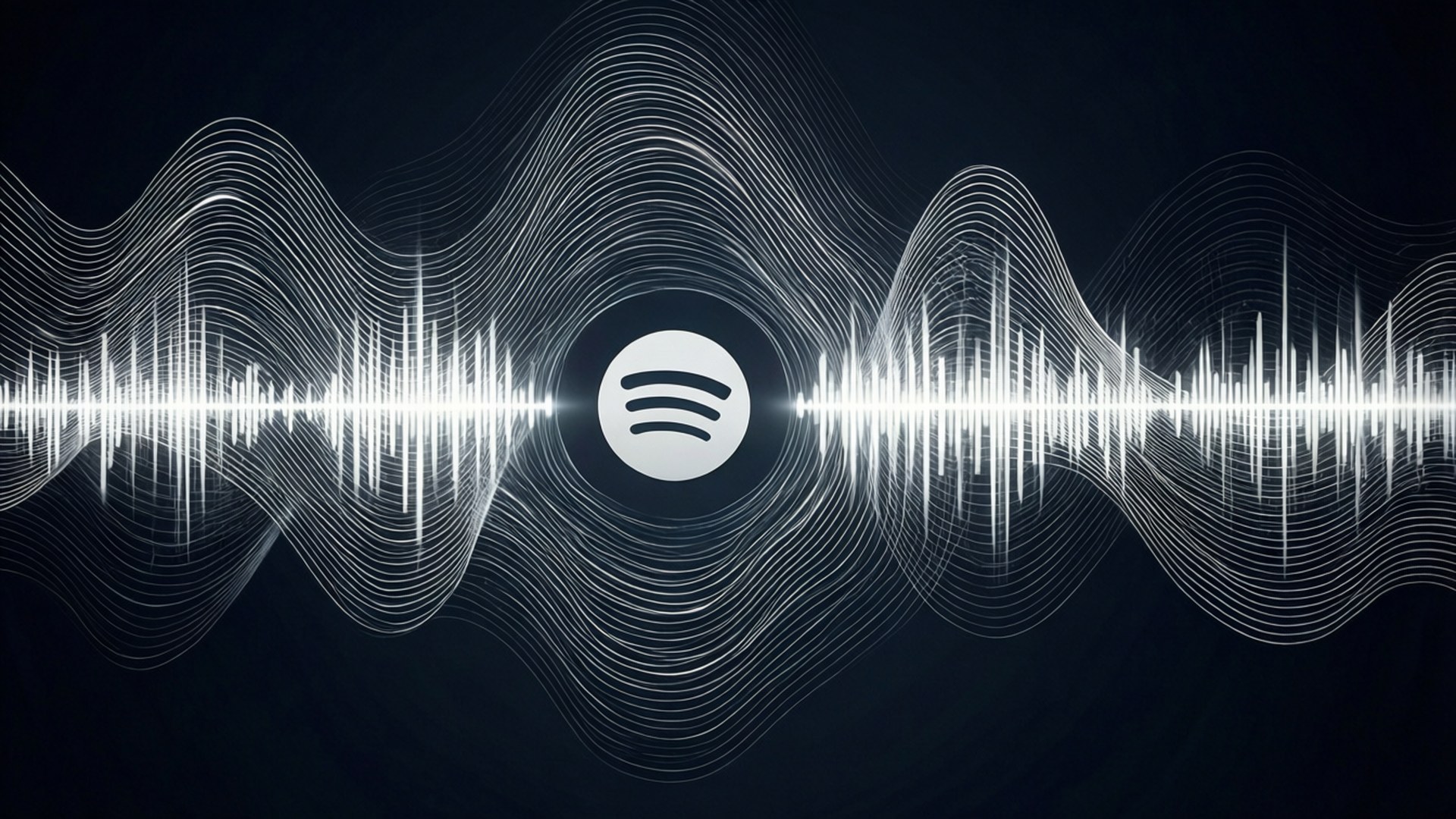 深色背景上帶有動態白色聲波線條的Spotify標誌。