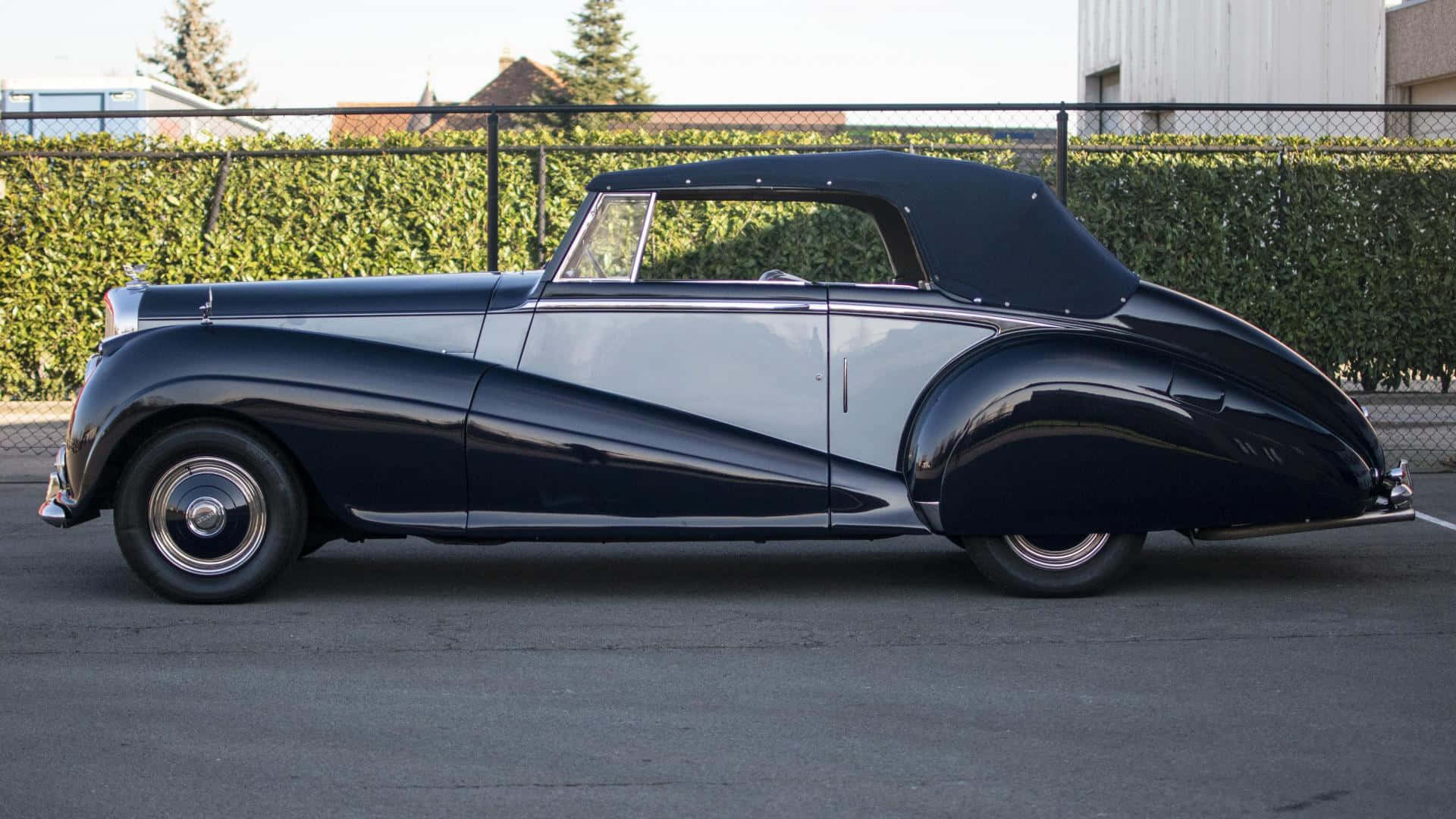 Bentley Mark Vi 桌布 壁紙 — 一輛時尚的復古雙色敞篷車，帶黑色軟頂，停在瀝青路面上，旁邊是綠色樹籬柵欄。