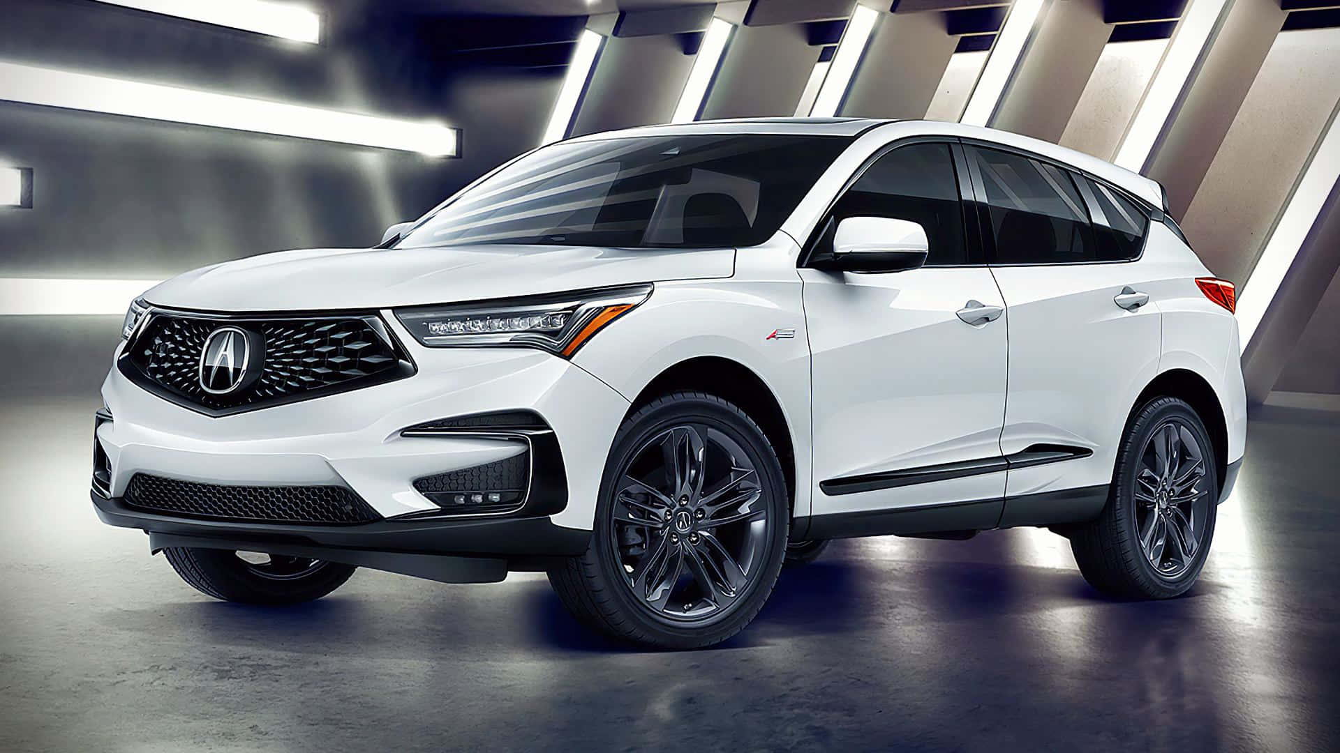 Acura Rdx 桌布 壁紙 — 一輛時尚的白色Acura SUV，帶有黑色點綴，在現代幾何展廳的明亮工作室燈光下展示。
