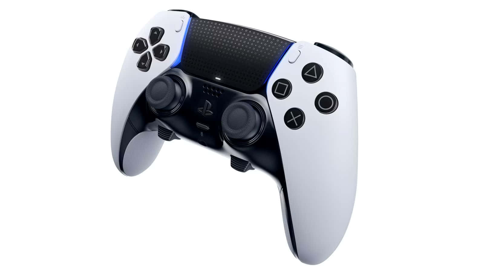  壁紙 — 一個時尚的白色和黑色PlayStation 5 DualSense控制器，在乾淨的白色背景上發出藍色光芒。