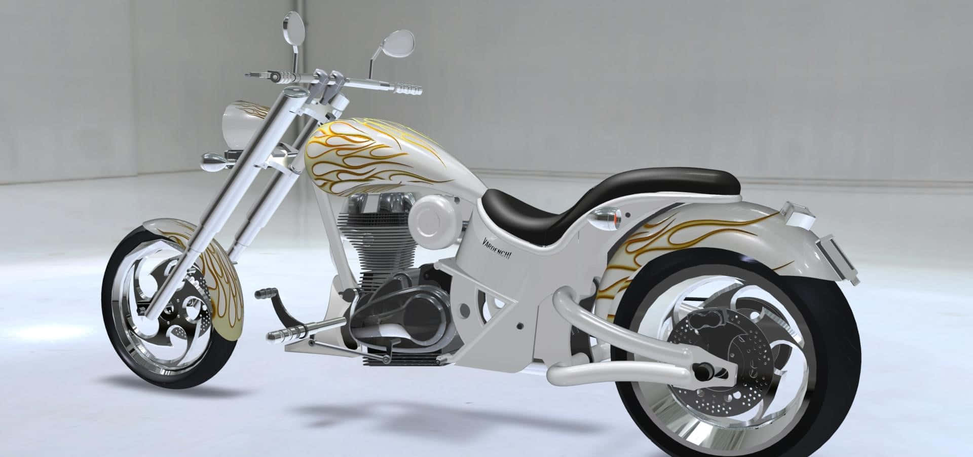Vardenchi 桌布 壁紙 — 一架帶有金色火焰貼花的時尚白色chopper電單車，矗立在簡約的攝影棚空間中。