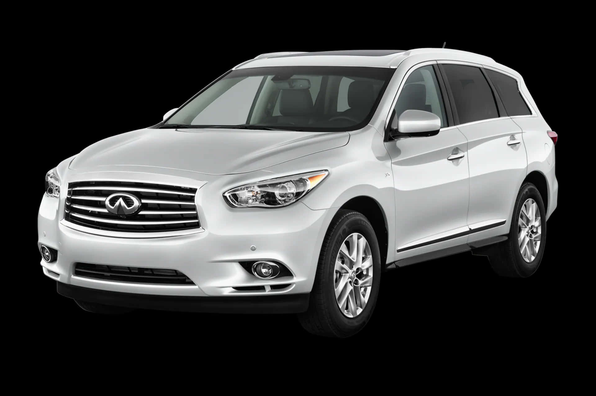 Infiniti Qx60 桌布 壁紙 — 一輛時尚的白色Infiniti SUV在鮮明的黑色背景下展示，銳利的燈光突顯其現代曲線和鍍鉻裝飾。