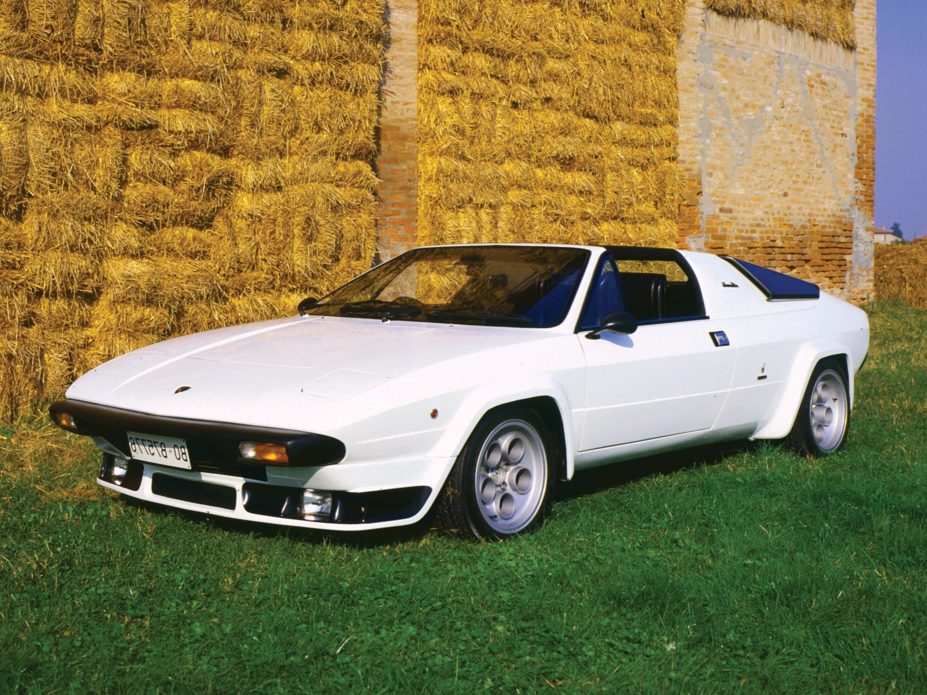 Lamborghini Silhouette 桌布 壁紙 — 一架時尚的白色跑車停在綠色草地上，旁邊是一堵金色乾草捆牆，上方是清澈的藍天。